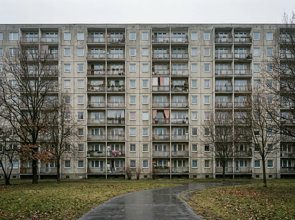 Többemeletes panelház homlokzata erkélyekkel, előtte füves terület