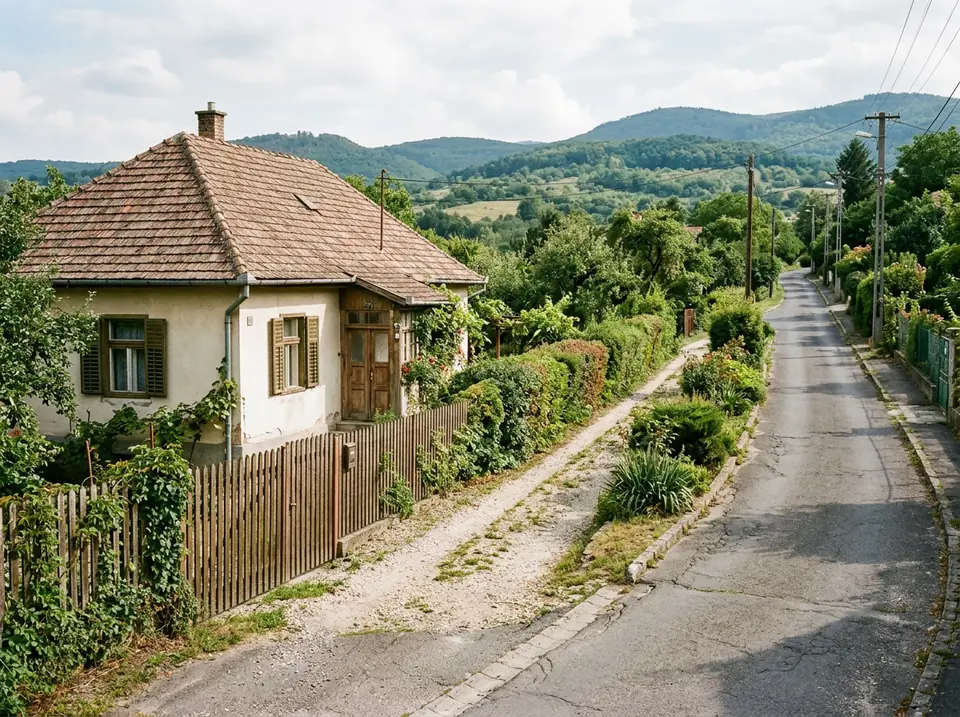 Régi családi ház lejtős utcában, kerítéssel és kerttel